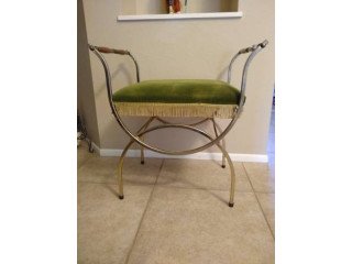 Mid-century metal vanity stool with green color top and gold Fringe
